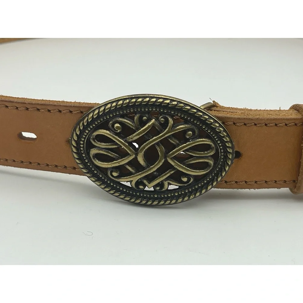 Leather Belt Brass Buckle Western Style Scroll Design Boho Tan